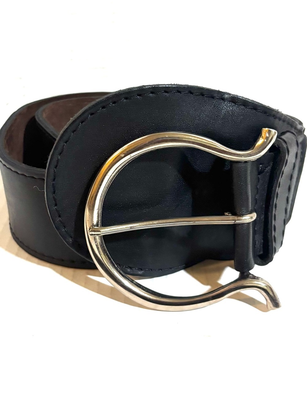 Vintage Black Leather Belt with Gold Circular Buckle